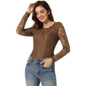 Sheer Long Sleeves Flower Embroidery Lace Top Brown